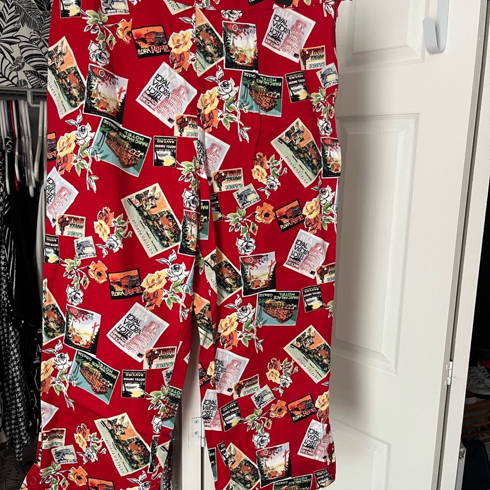 Floral Postcard Print Red Pants